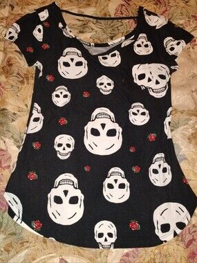 Black Tee with White Skull and Red Rose Accents